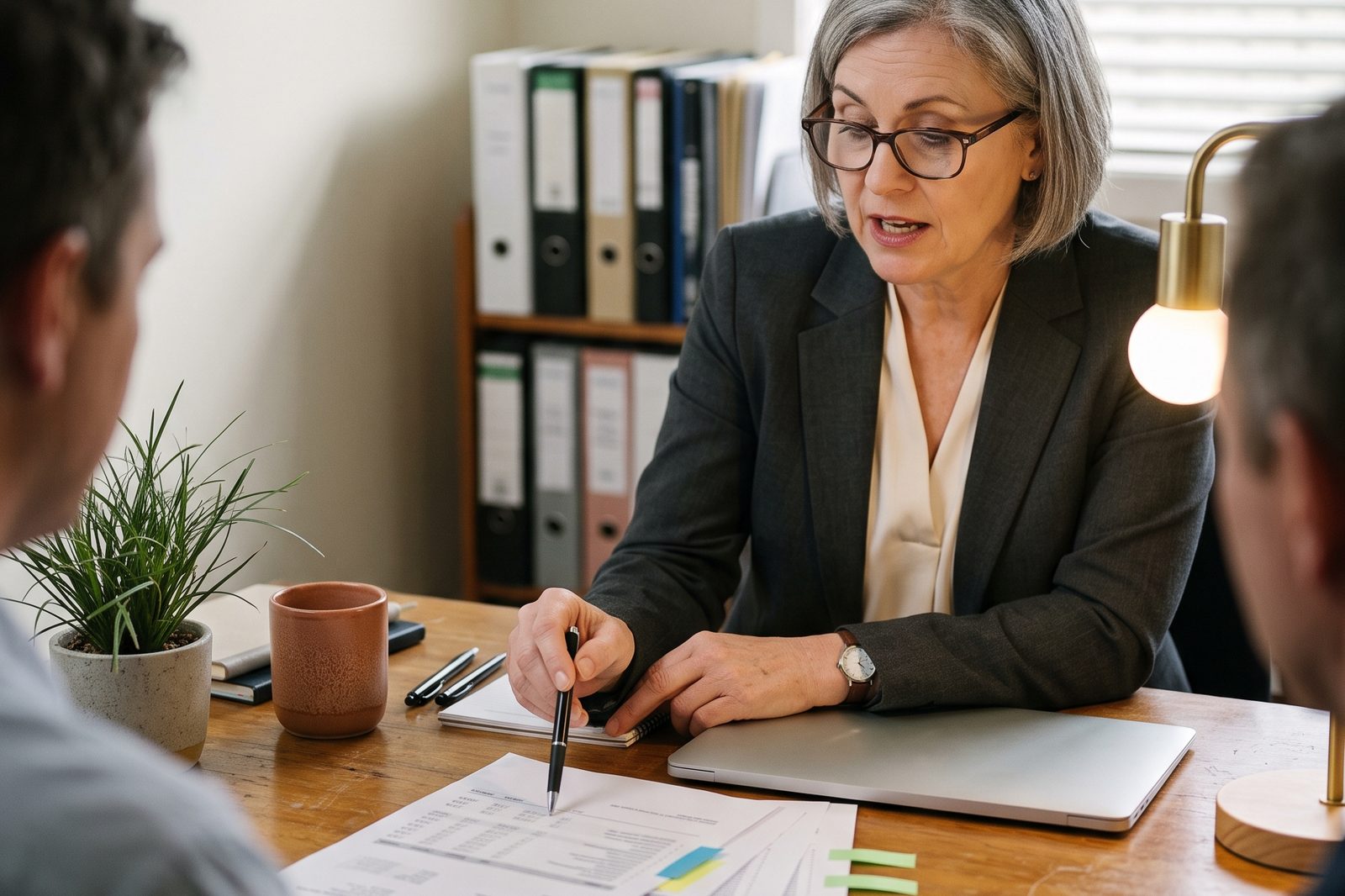 An accountant at her desk, pen on a loan statement, taking two clients through a split account line by line.